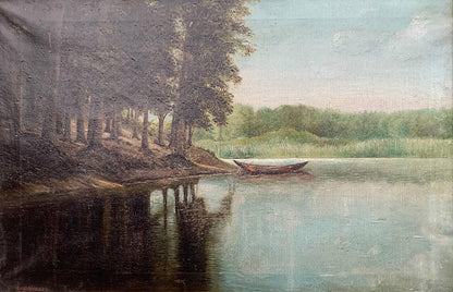 Oil painting by the river Voronkov: rustic rowboat on calm water by shore
