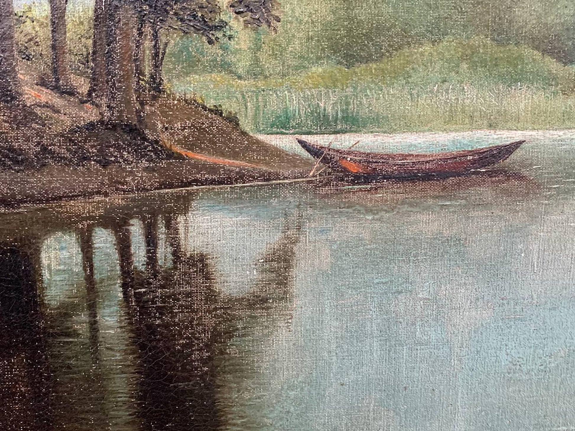 Oil painting By the river Voronkov: dark rowboat on calm water by shore