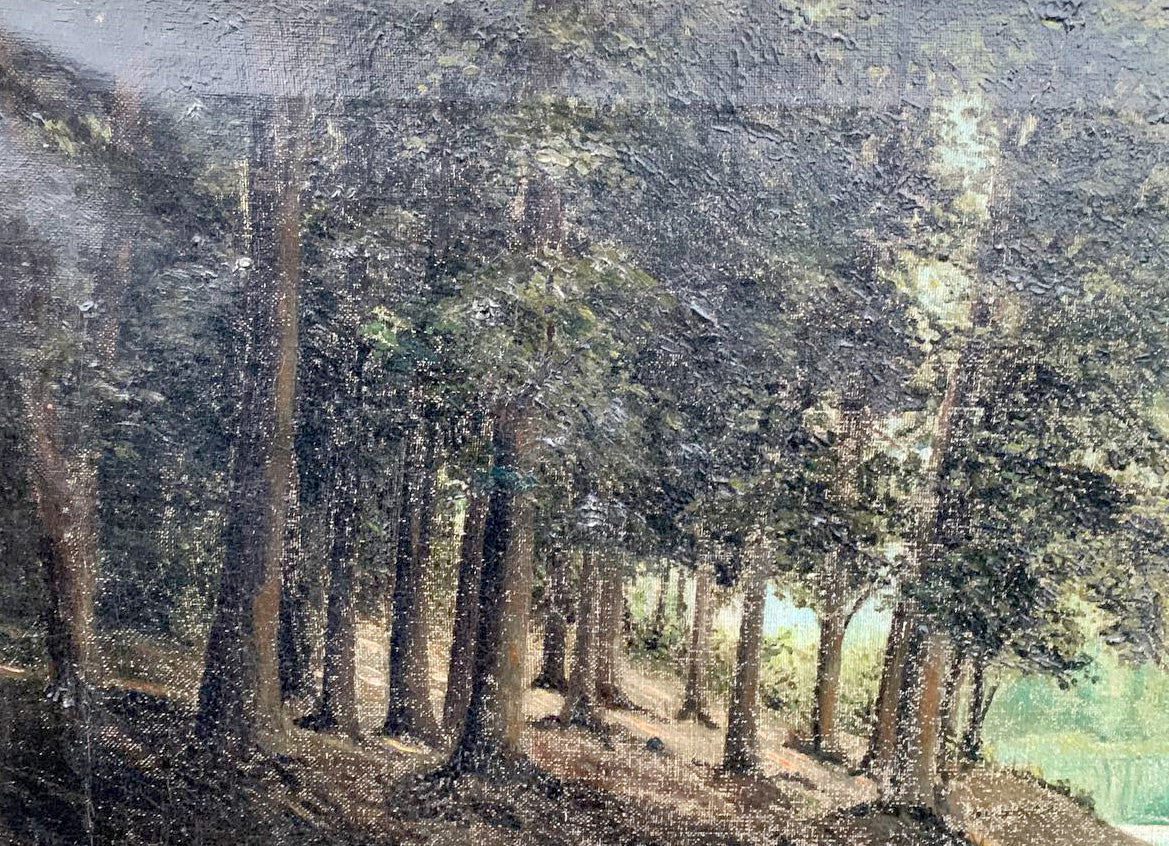 Textured oil painting of Voronkov river forest with tall green brown trees on canvas