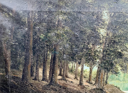 Textured oil painting of Voronkov river forest with tall green brown trees on canvas