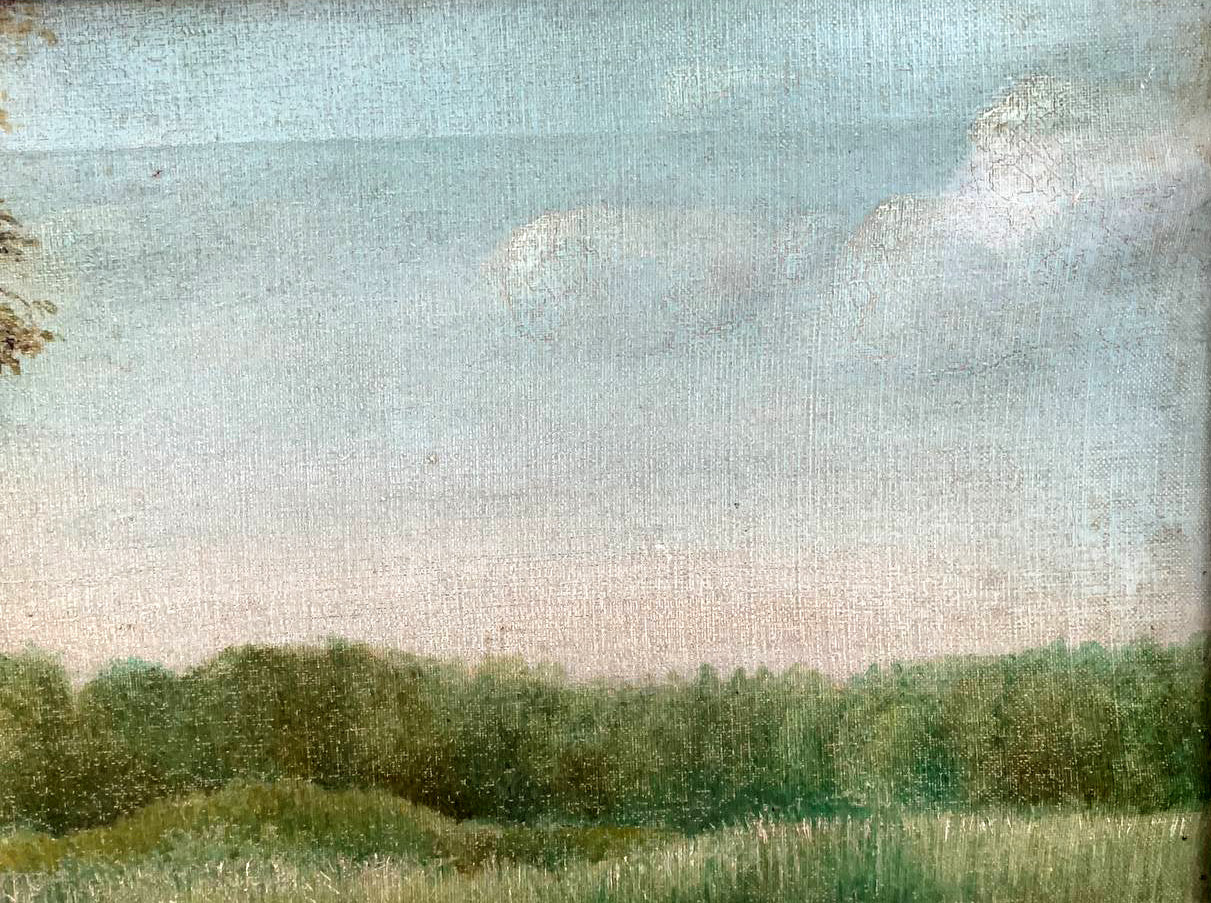 Oil painting By the river Voronkov: soft blue sky over lush green field and trees