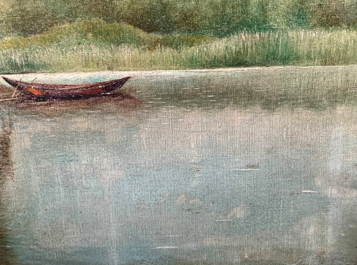 Oil painting By the river Voronkov: dark rowboat on calm water