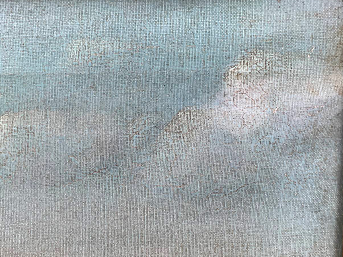 Weathered light blue textured canvas of Oil painting By the river Voronkov