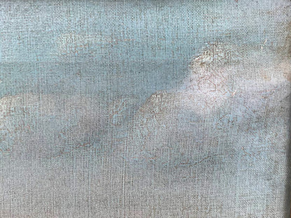 Weathered light blue textured canvas of Oil painting By the river Voronkov