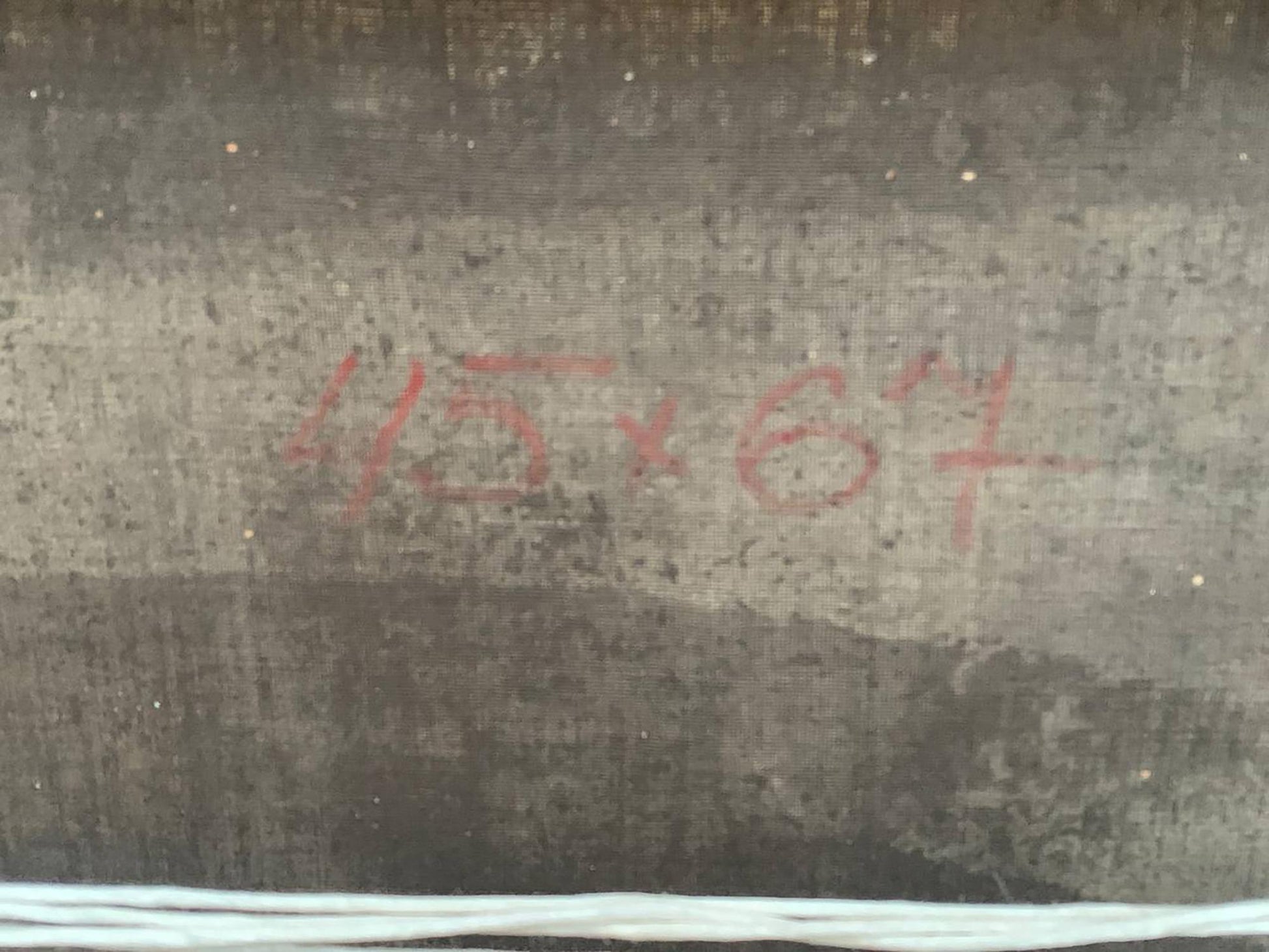 Back of Oil painting By the river Voronkov with red 45x67 markings on dark textured surface