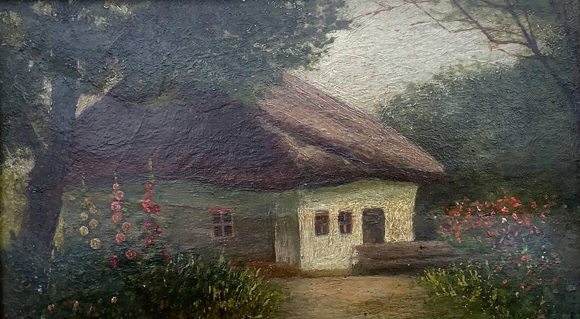 Oil painting Lonely house by Vzheshch Yevhen Ksaveriyovych: rustic thatched cottage