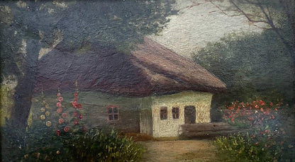 Oil painting Lonely house by Vzheshch Yevhen Ksaveriyovych: rustic thatched cottage