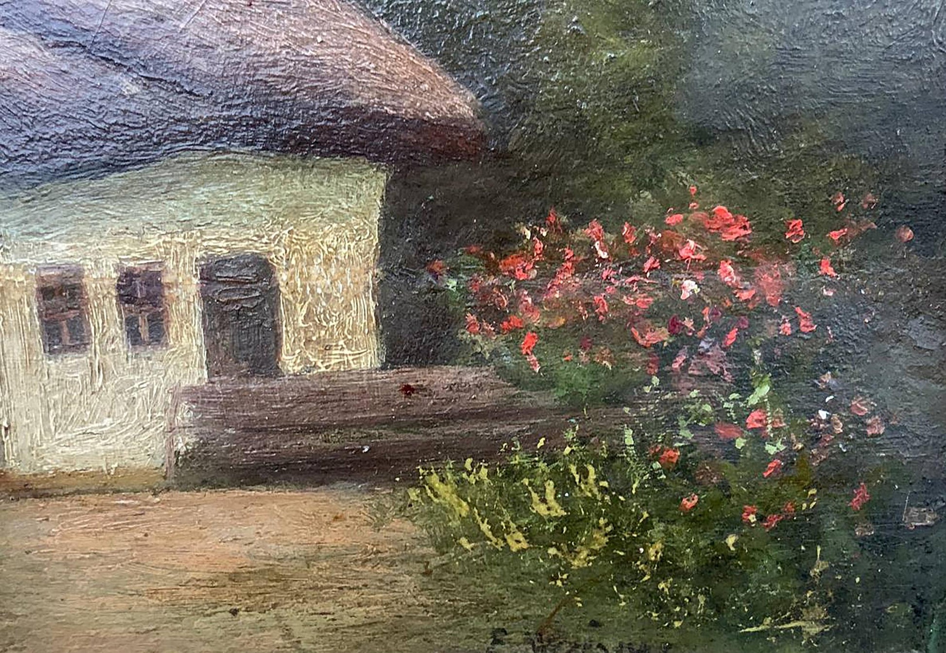 Oil painting Lonely house by Vzheshch Yevhen Ksaveriyovych: rustic thatched cottage