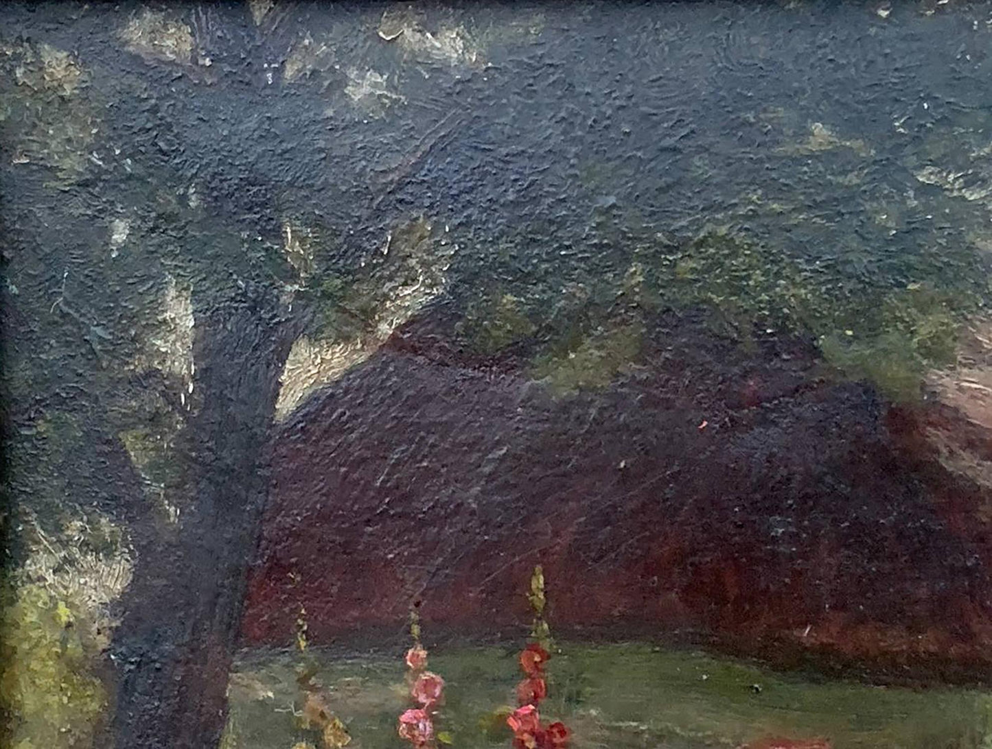 Oil painting Lonely House by Vzheshch Yevhen Ksaveriyovych with pink flowers