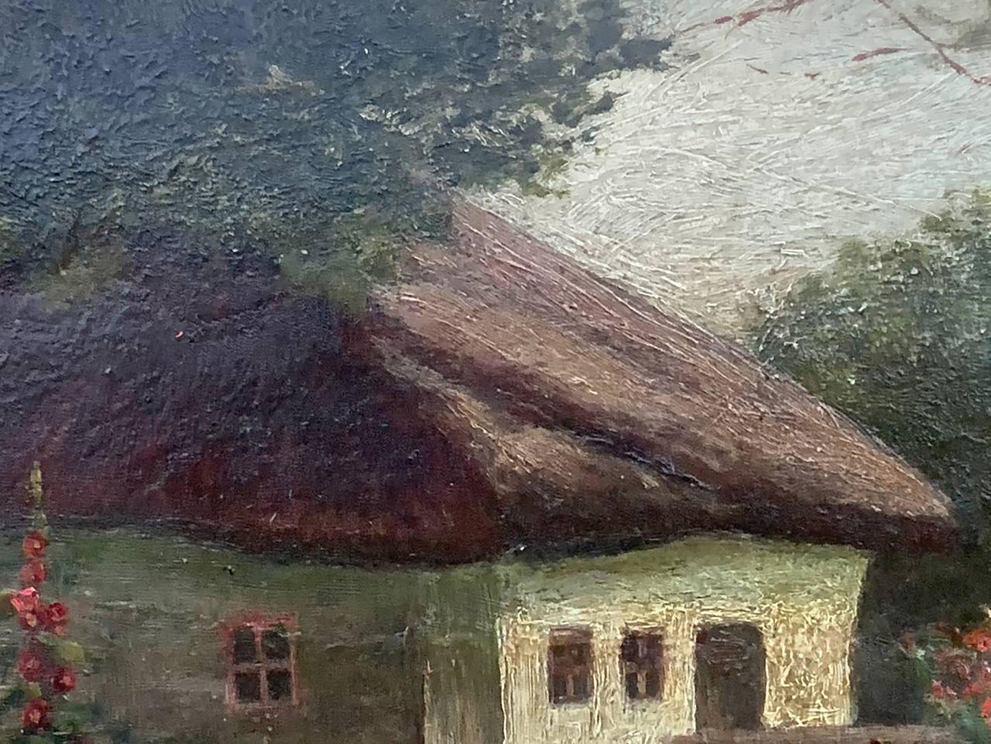 Oil painting Lonely house by Vzheshch Yevhen Ksaveriyovych: rustic thatched roof on green house
