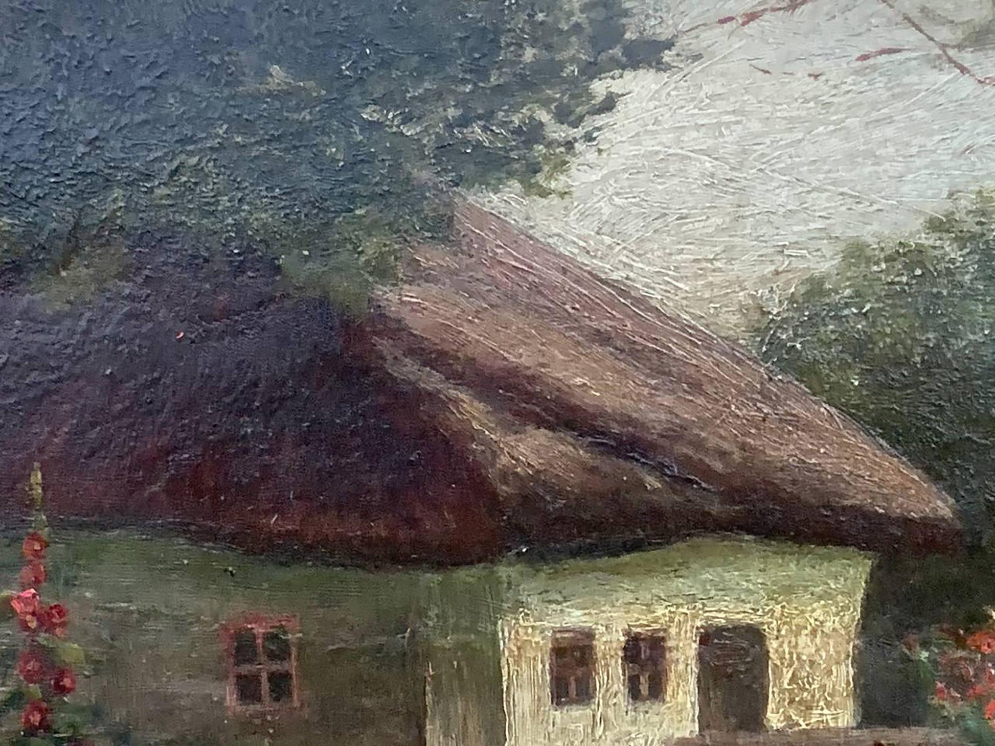 Oil painting Lonely house by Vzheshch Yevhen Ksaveriyovych: rustic thatched roof on green house