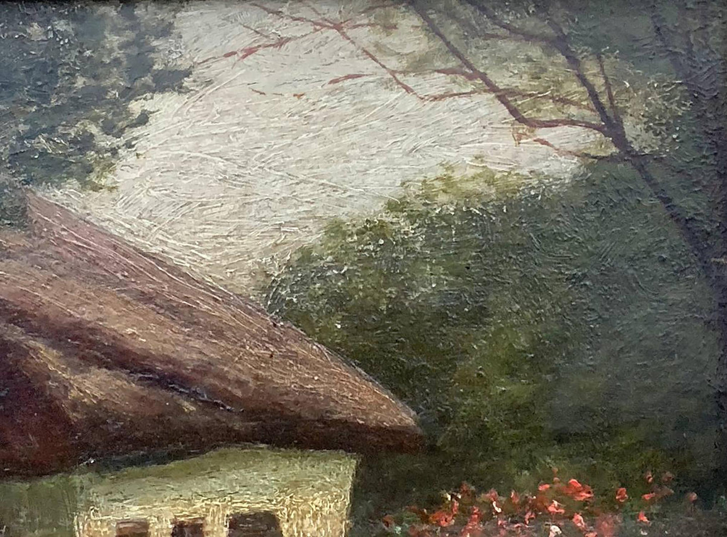 Oil painting Lonely house by Vzheshch Yevhen Ksaveriyovych: rustic thatched roof amid lush greenery