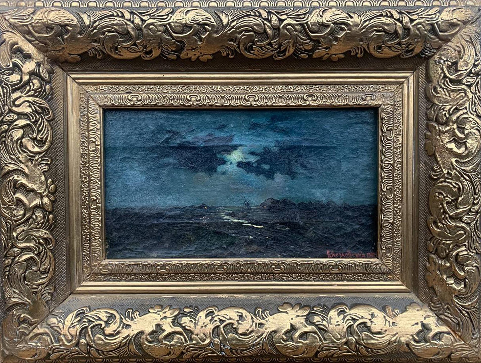Ornate gold-framed oil painting of turbulent sea by Vladimir Ivanovich Kozlovsky
