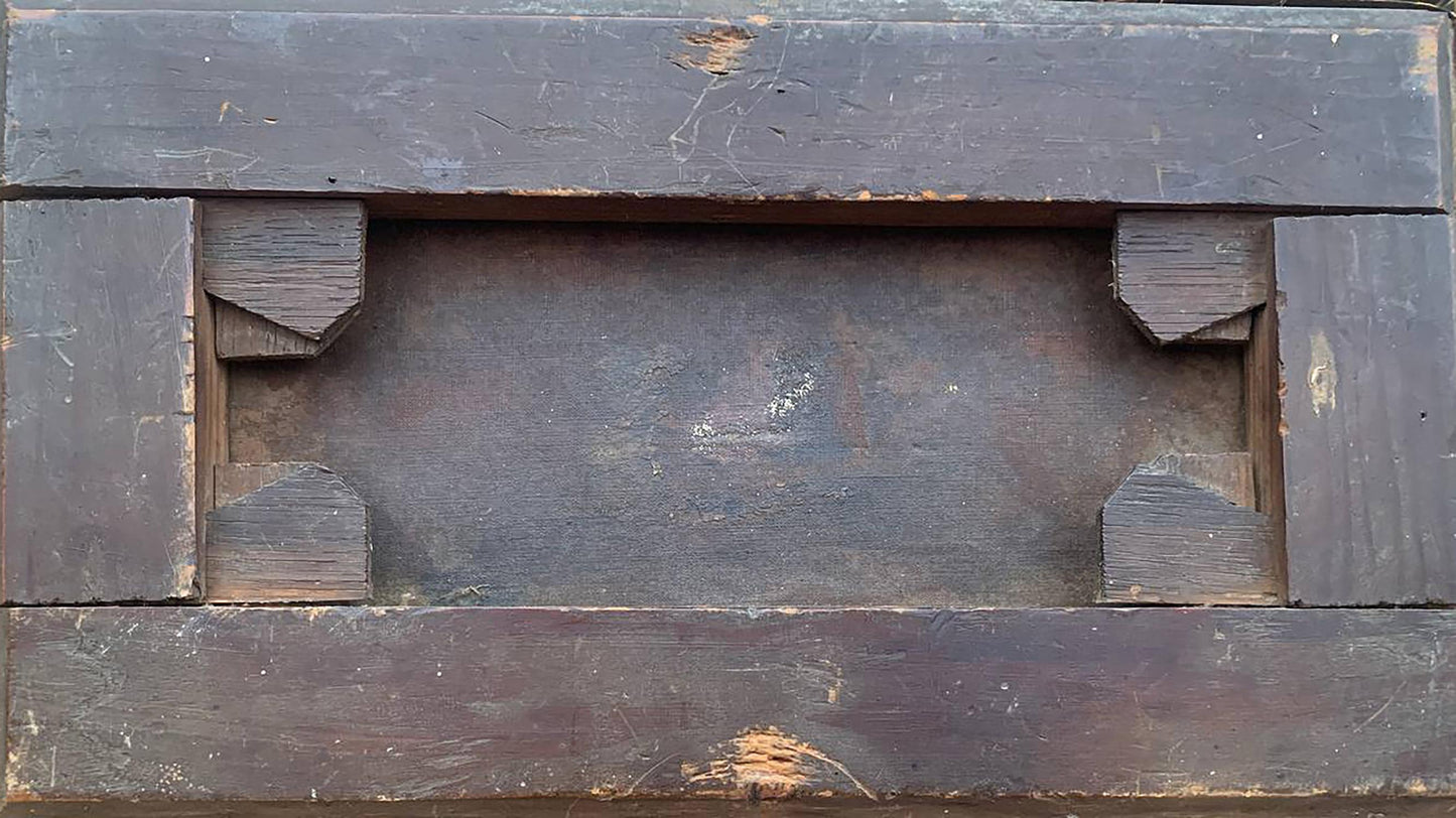 Dark wooden drawer front with recess and carved supports in Cruise painting