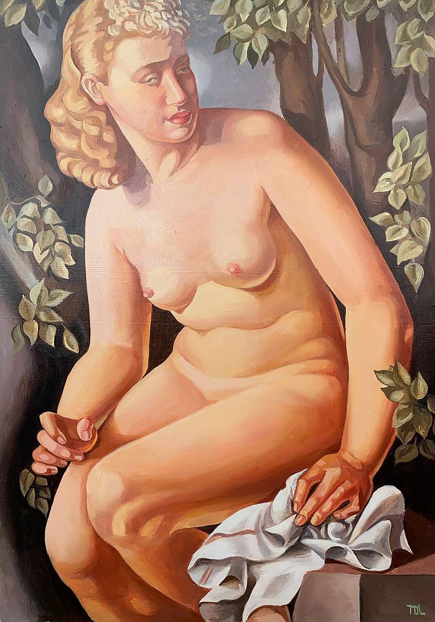 Oil painting Suzanne by V. Konotopsky: nude blonde in foliage with cloth