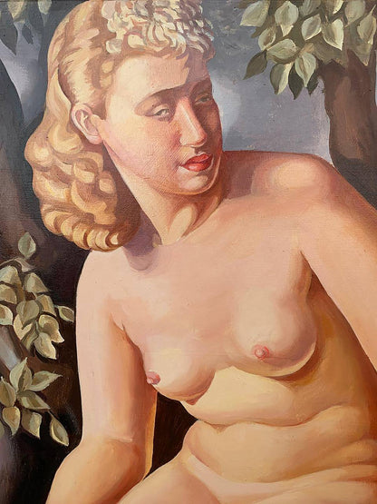 Oil painting Suzanne by V. Konotopsky: nude woman with curly blonde hair