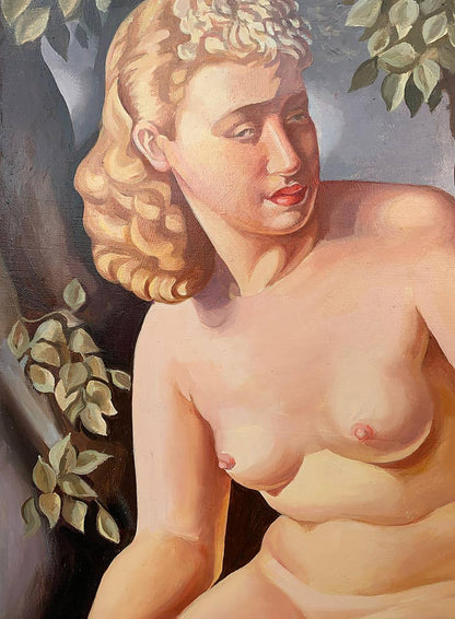 Oil painting Suzanne by V. Konotopsky: nude woman with golden curls