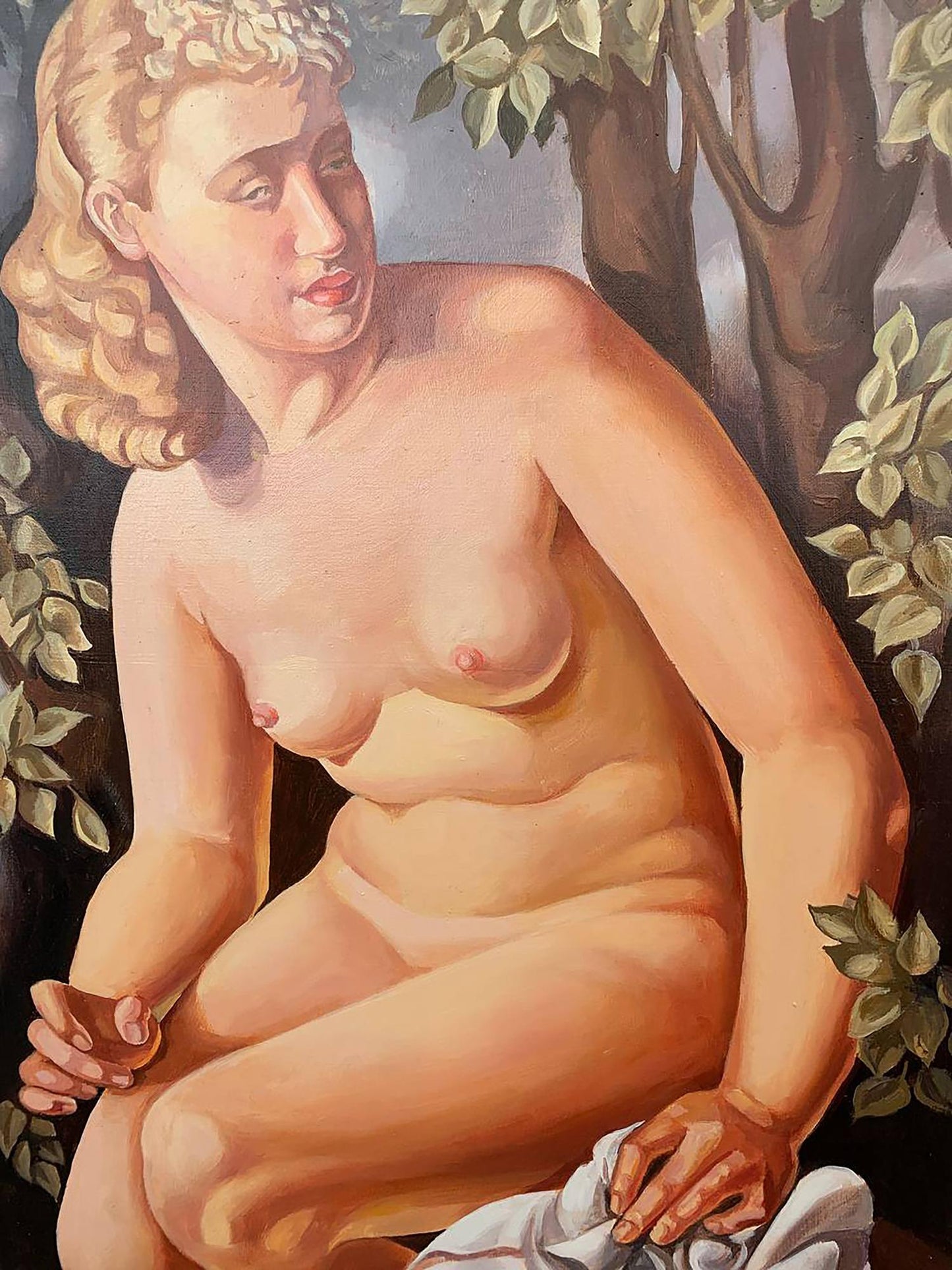 Oil painting Suzanne by V. Konotopsky: nude blonde in green foliage