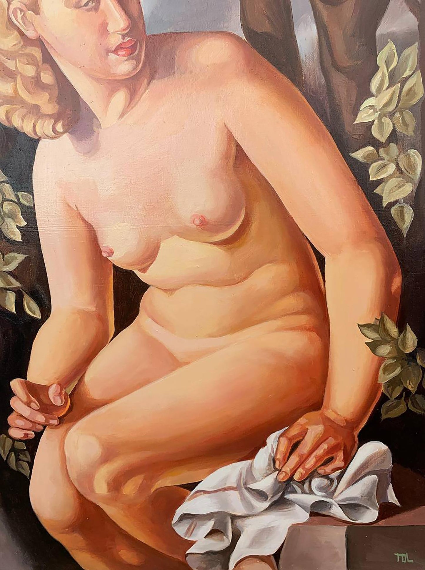 Oil painting Suzanne by V. Konotopsky: nude woman with blonde curls holding cloth