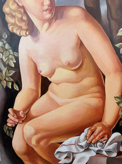 Oil painting Suzanne by V. Konotopsky: nude woman with curly blonde hair holding white cloth