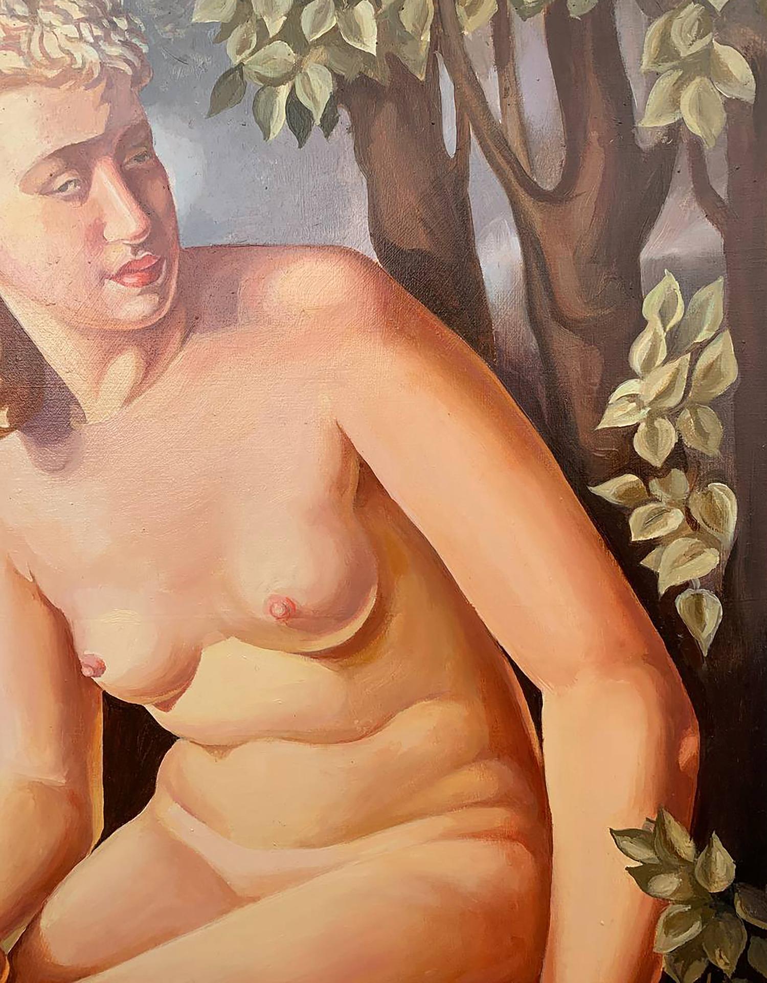 Oil painting Suzanne by V. Konotopsky, nude female in leafy branches