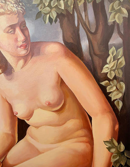 Oil painting Suzanne by V. Konotopsky, nude female in leafy branches