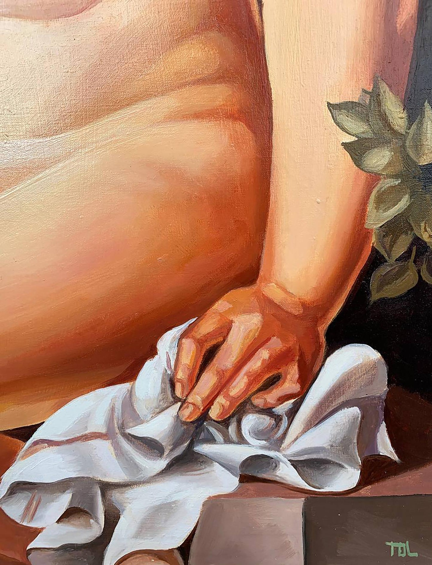 Hand cradling soft white fabric with reddish-brown stripes, Oil painting Suzanne by V. Konotopsky