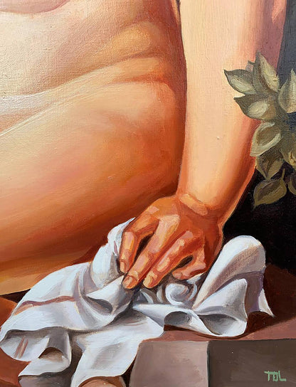 Hand cradling soft white fabric with reddish-brown stripes, Oil painting Suzanne by V. Konotopsky
