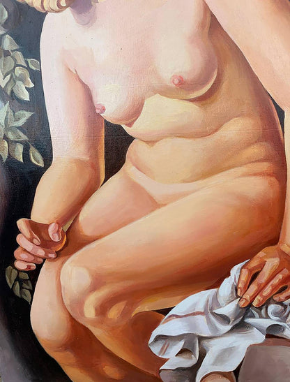 Oil painting Suzanne by V. Konotopsky, nude female figure inspired by T. Lempicka