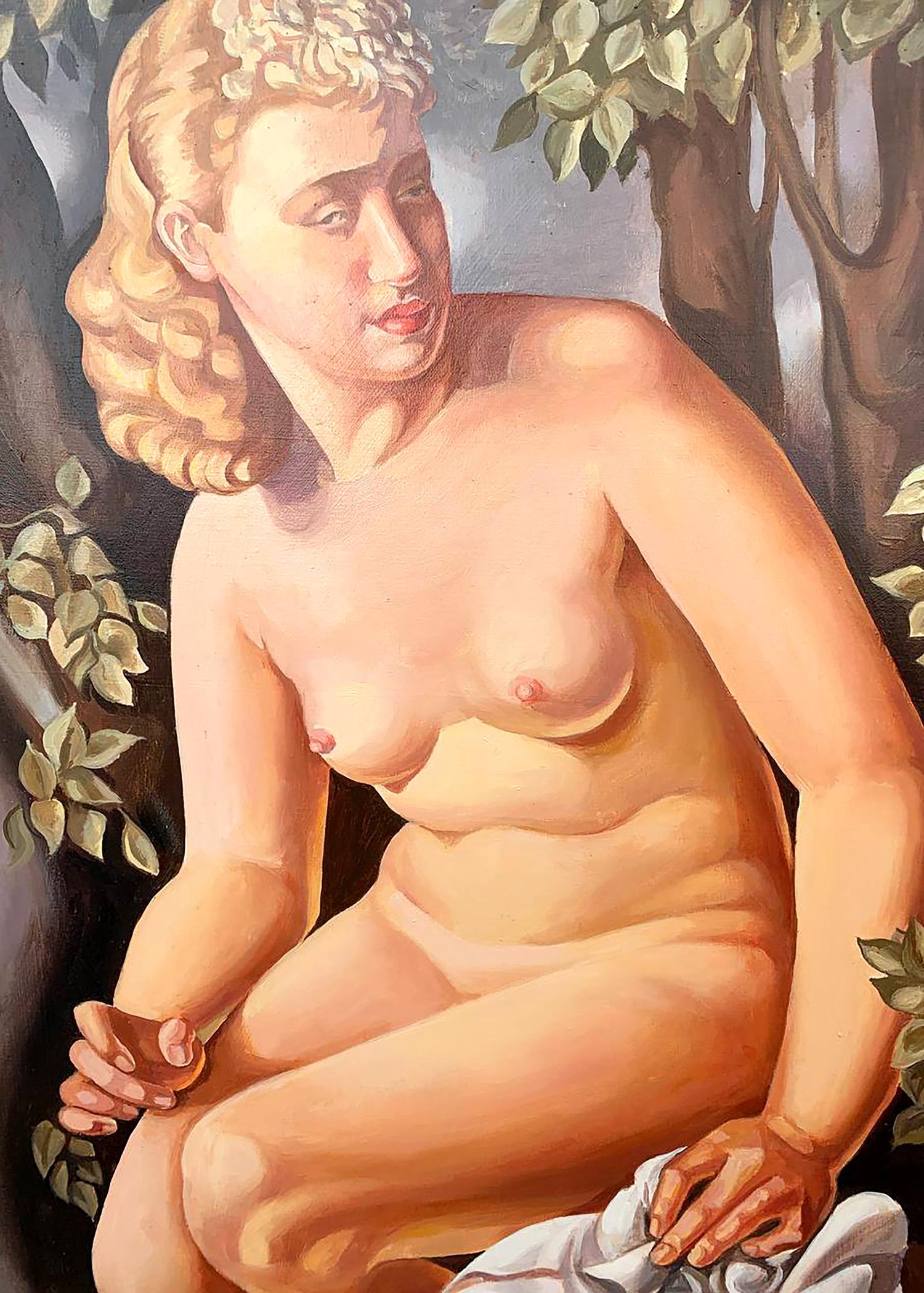 Oil painting Suzanne by V. Konotopsky: nude blonde in foliage, Lempicka style