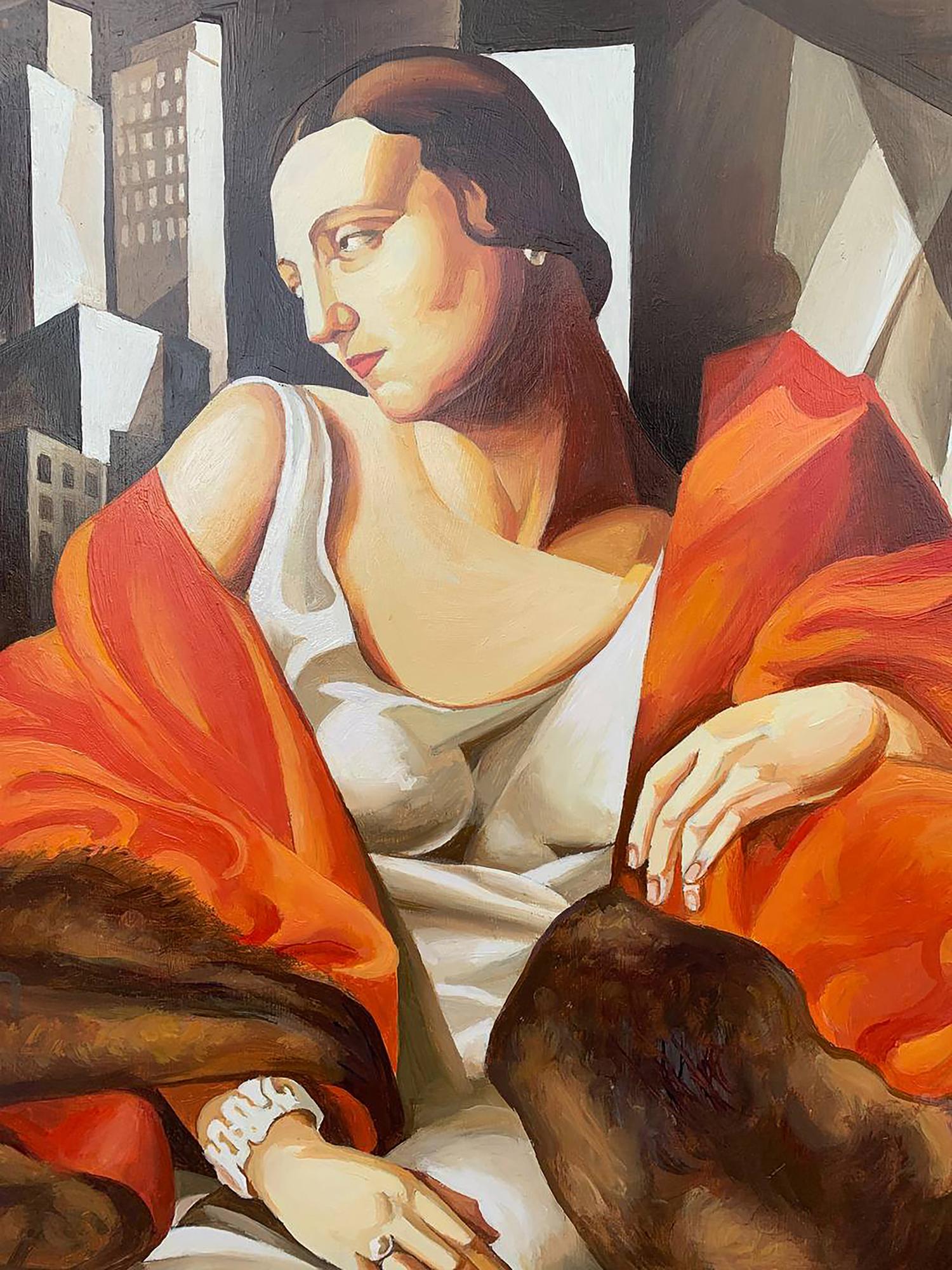 Vibrant oil painting of woman in white dress, orange shawl and furs by V. Konotopsky, Lempicka style