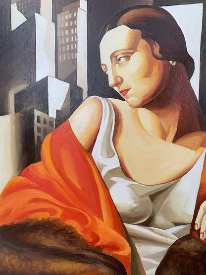 Oil painting of woman in white dress, orange fabric and brown furs by V. Konotopsky, inspired by T. Lempicka