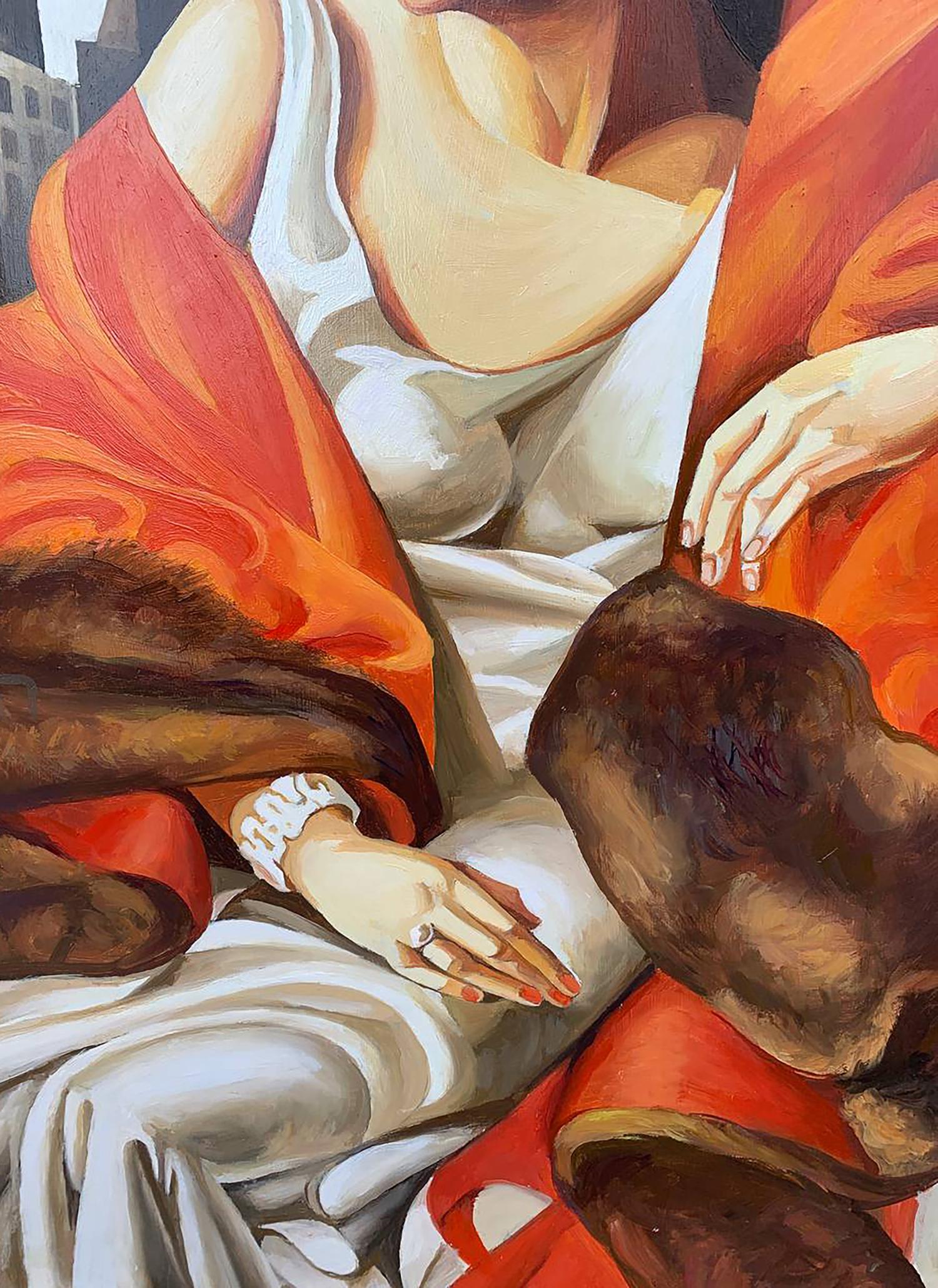 Woman’s hand with white beaded bracelet and silver ring on draped fabric, Lempicka-inspired oil painting