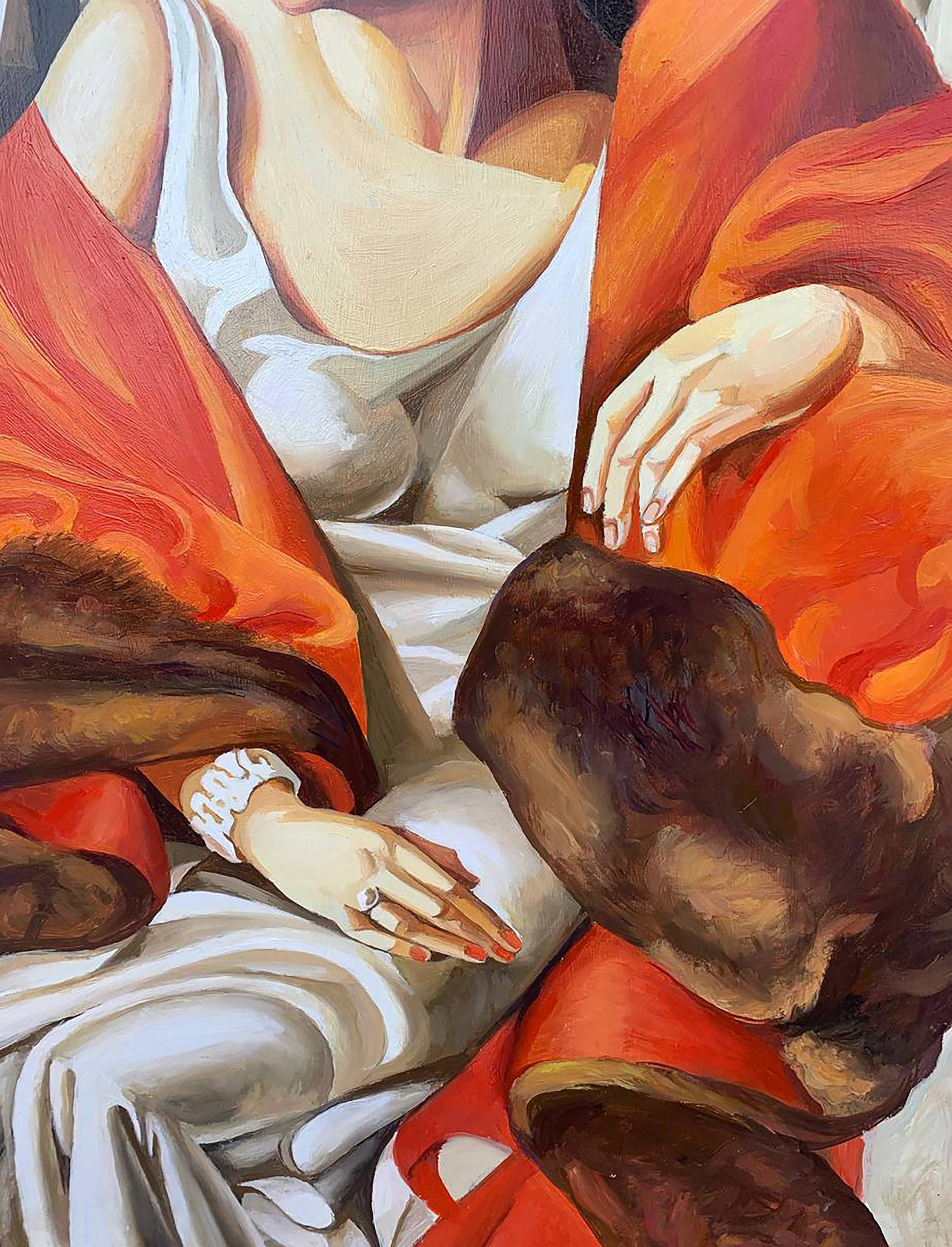 Oil painting of woman in furs by V. Konotopsky with hand, bracelet, red nails on fabric