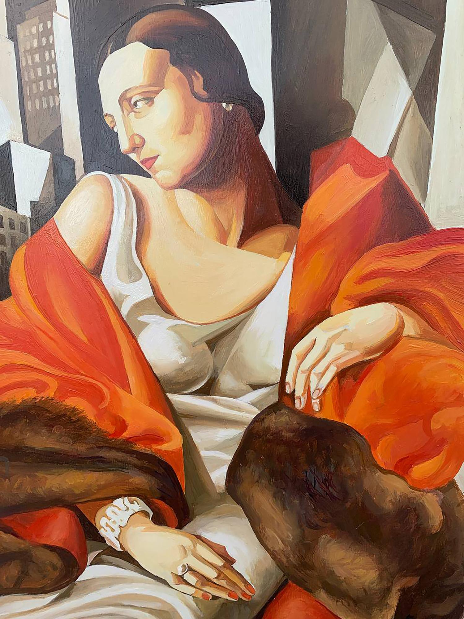 Vibrant oil painting of woman in white dress, orange fabric and furs by V. Konotopsky, Lempicka style