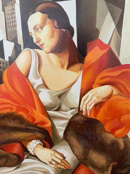 Vibrant oil painting of woman in white dress, orange fabric and furs by V. Konotopsky, Lempicka style