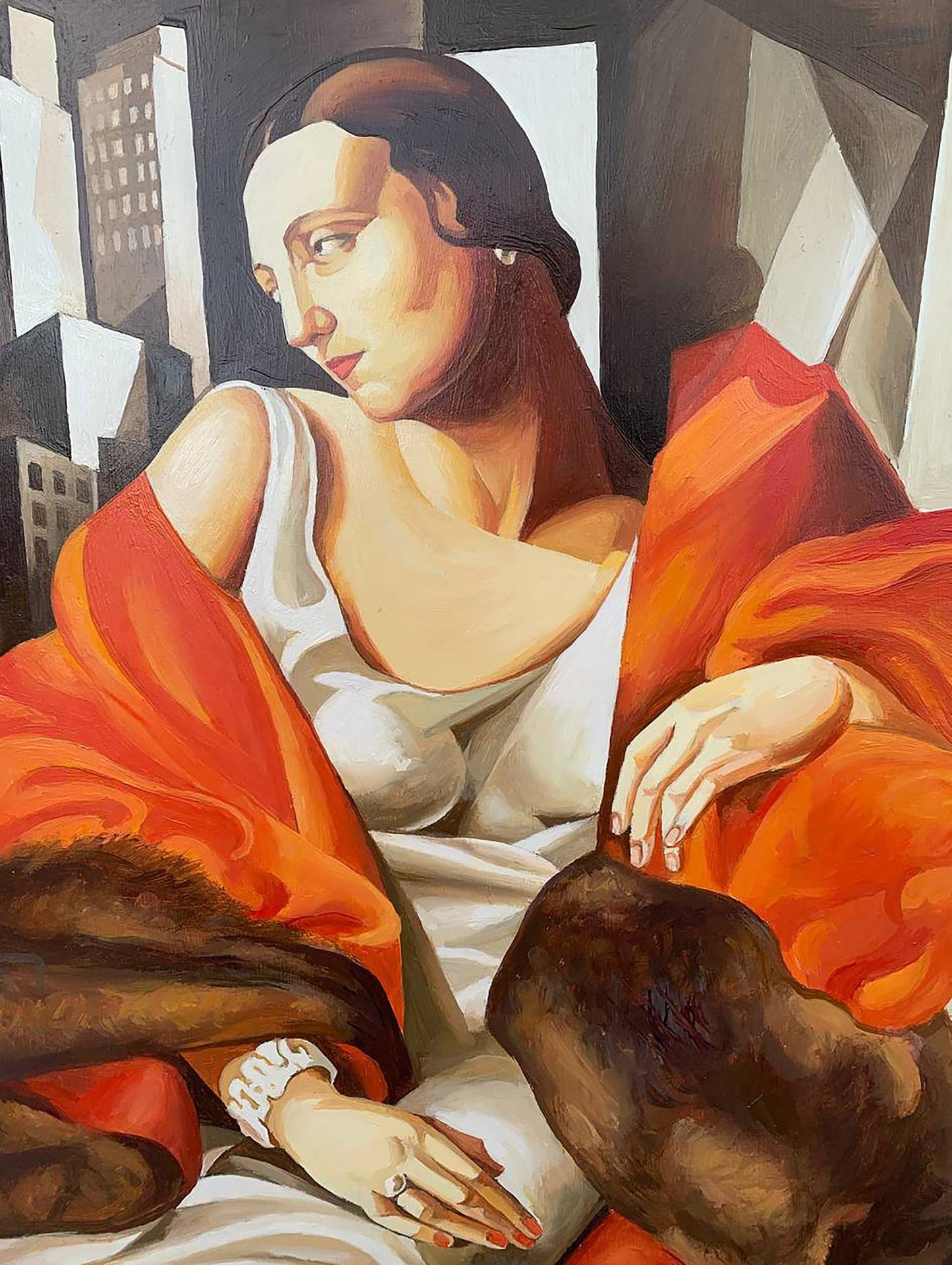 Vibrant oil painting of woman in furs by V. Konotopsky, inspired by T. Lempicka