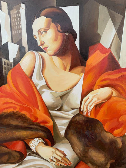 Vibrant oil painting of woman in furs by V. Konotopsky, inspired by T. Lempicka