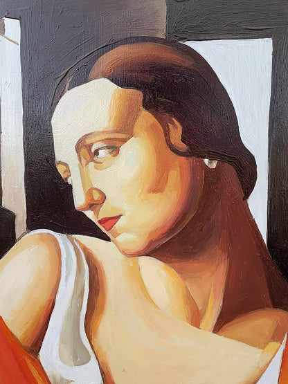 Stylized oil painting of Tamara de Lempicka-inspired woman in furs by V. Konotopsky
