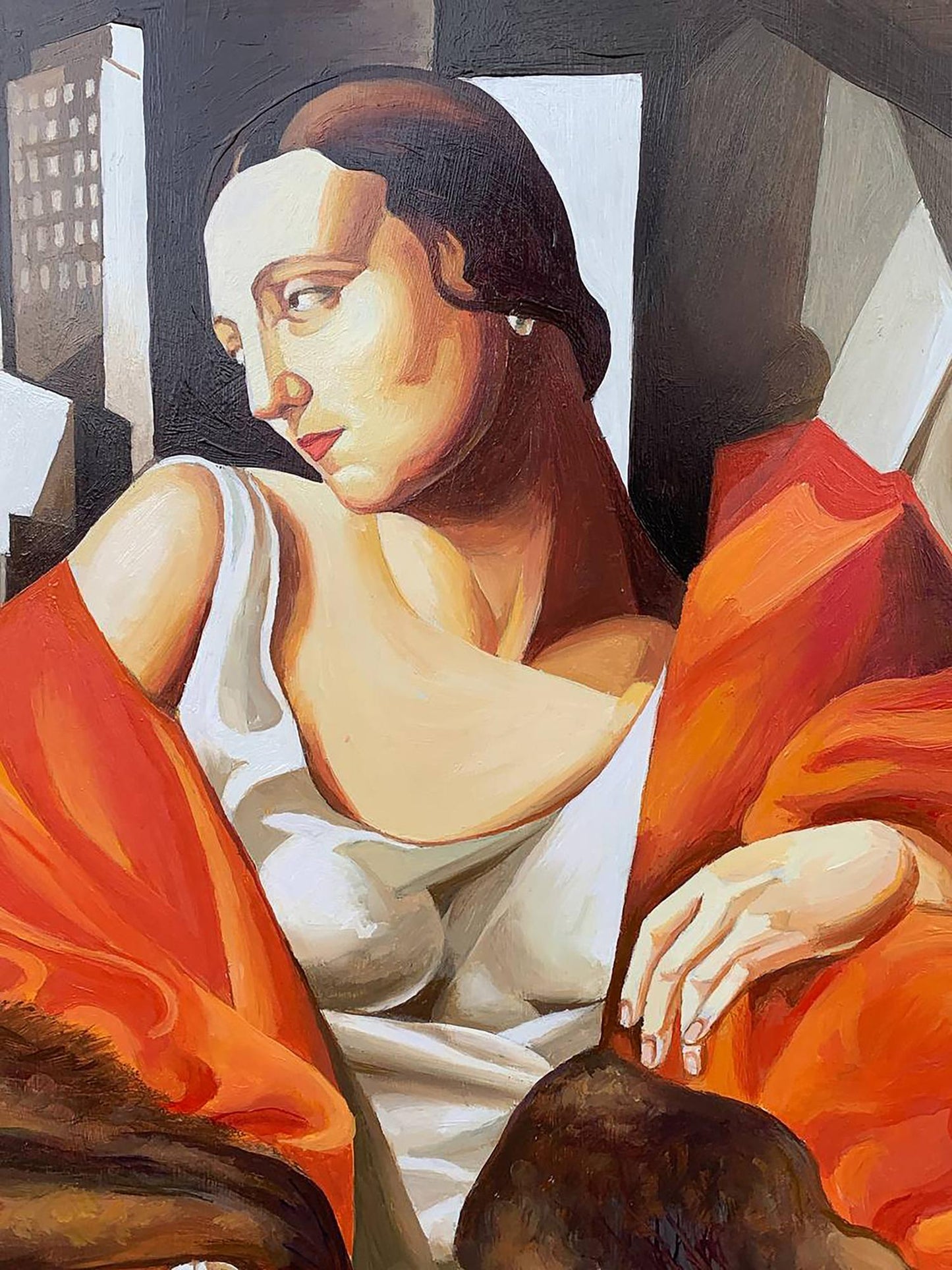 Vibrant oil painting of woman in furs by V. Konotopsky, inspired by T. Lempicka