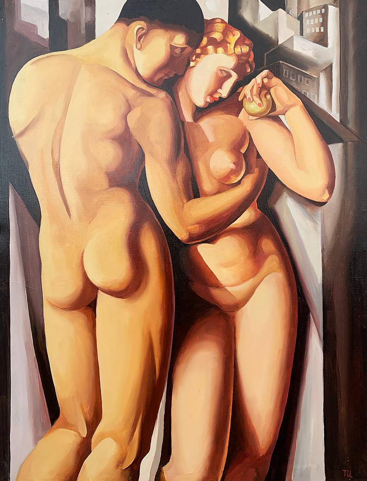 Warm-toned nude oil painting of embracing Adam and Eve by V. Konotopsky, Lempicka style