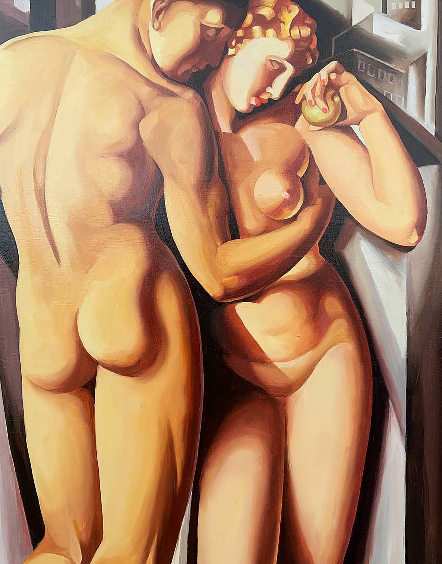 Oil painting of nude Adam and Eve embrace by V. Konotopsky, Lempicka style