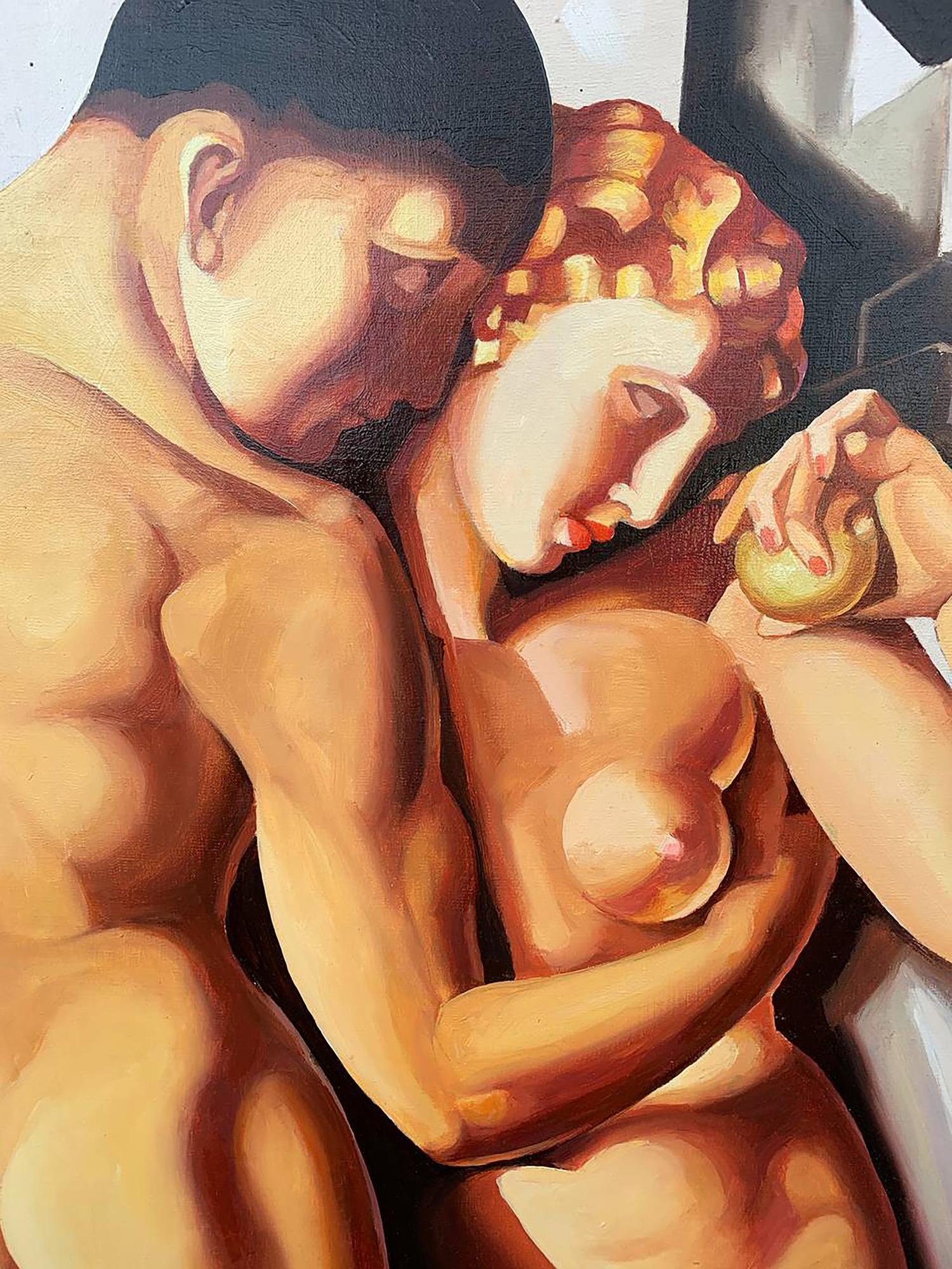 Warm-toned oil painting of nude Adam and Eve embrace by V. Konotopsky