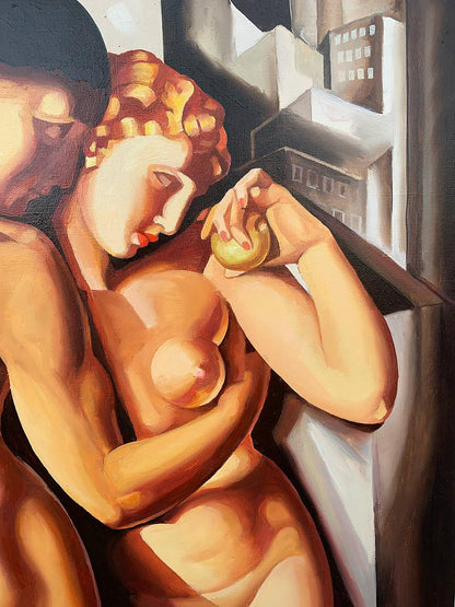 Oil painting of nude Adam and Eve embrace by V. Konotopsky, warm chiaroscuro tones