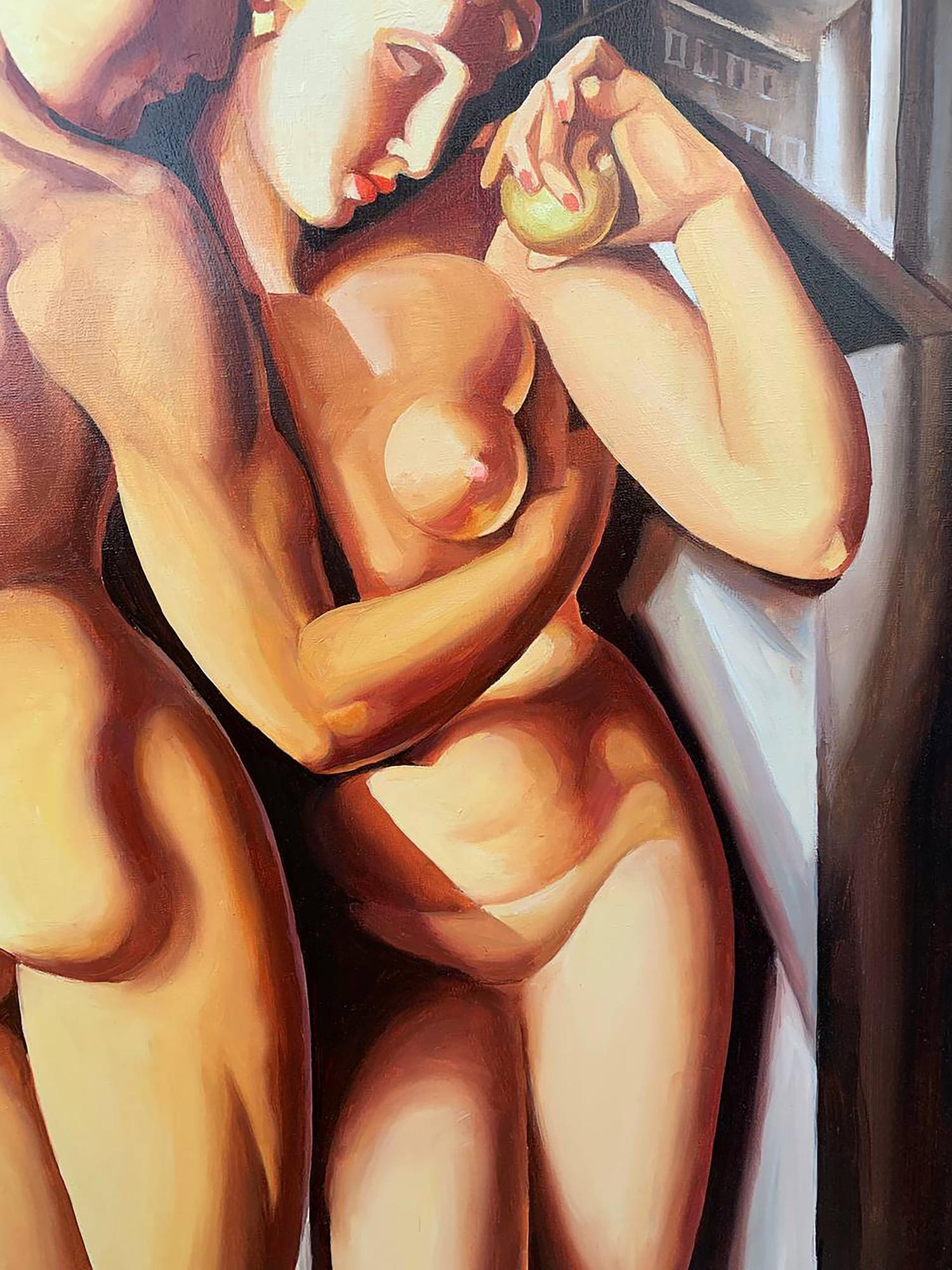 Oil painting of nude Adam and Eve embrace by V. Konotopsky, warm earthy tones