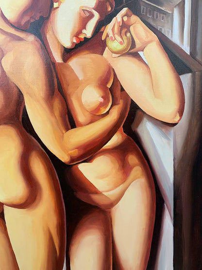Oil painting of nude Adam and Eve embrace by V. Konotopsky, warm earthy tones
