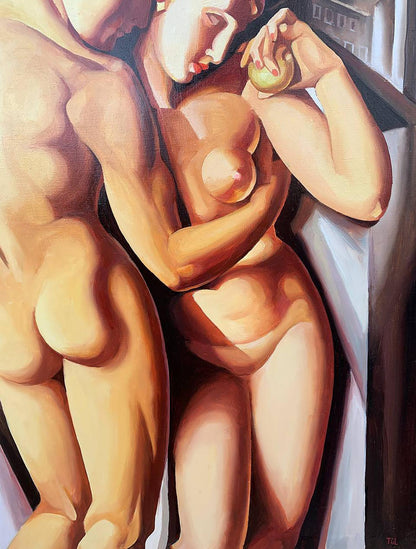 Oil painting of nude Adam and Eve embrace in warm earthy tones by V. Konotopsky