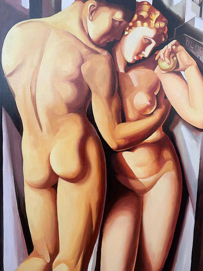 Oil painting of nude Adam and Eve embrace by V. Konotopsky, Lempicka style