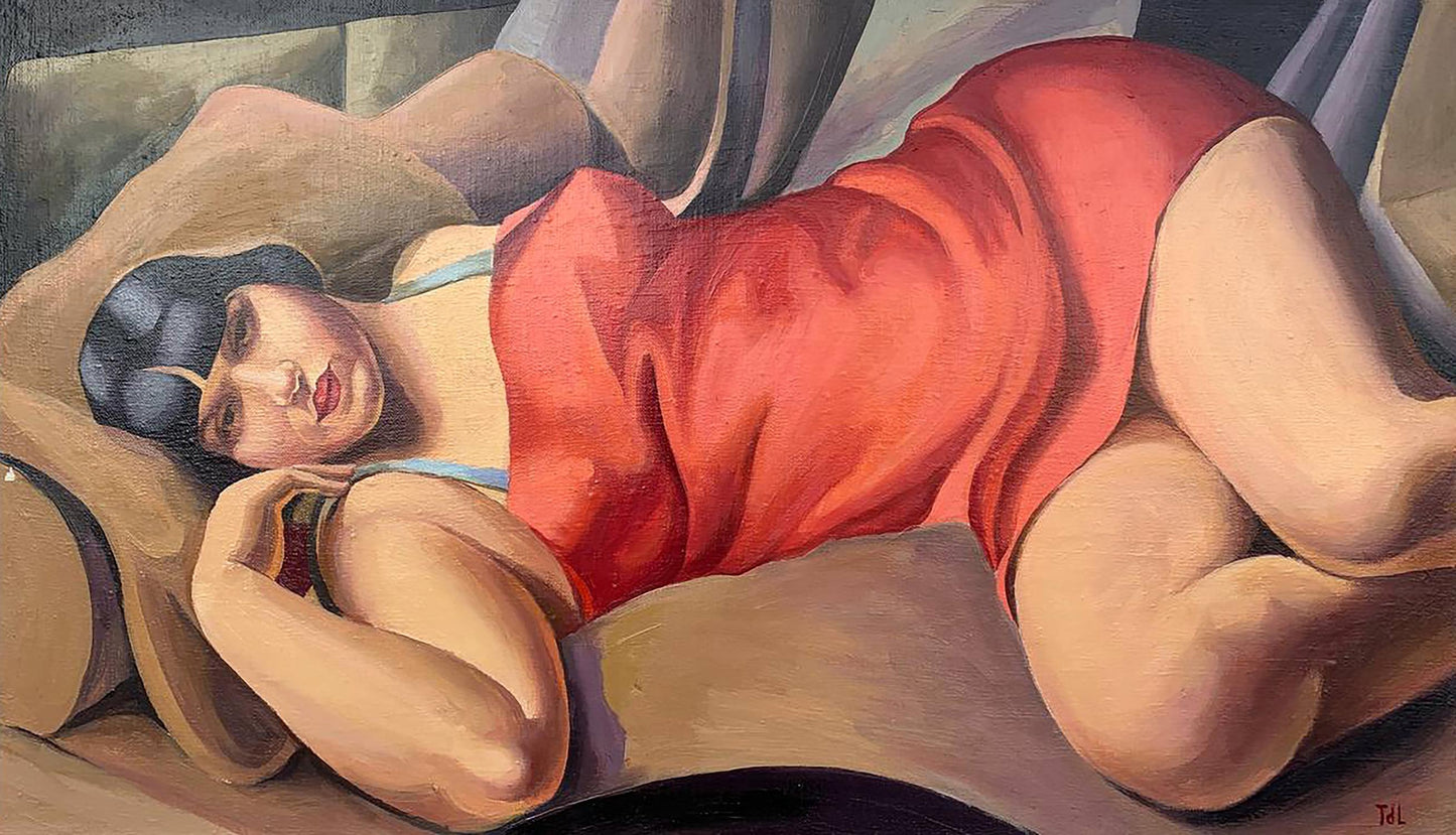 Oil painting of lady in red swimsuit by V. Konotopsky, Tamara de Lempicka style
