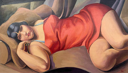 Oil painting of lady in red swimsuit by V. Konotopsky, Tamara de Lempicka style